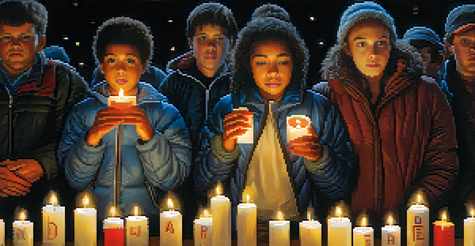 A candlelight vigil for AIDS awareness in the 1980s, with individuals holding candles and displaying banners of hope in a darkened park.