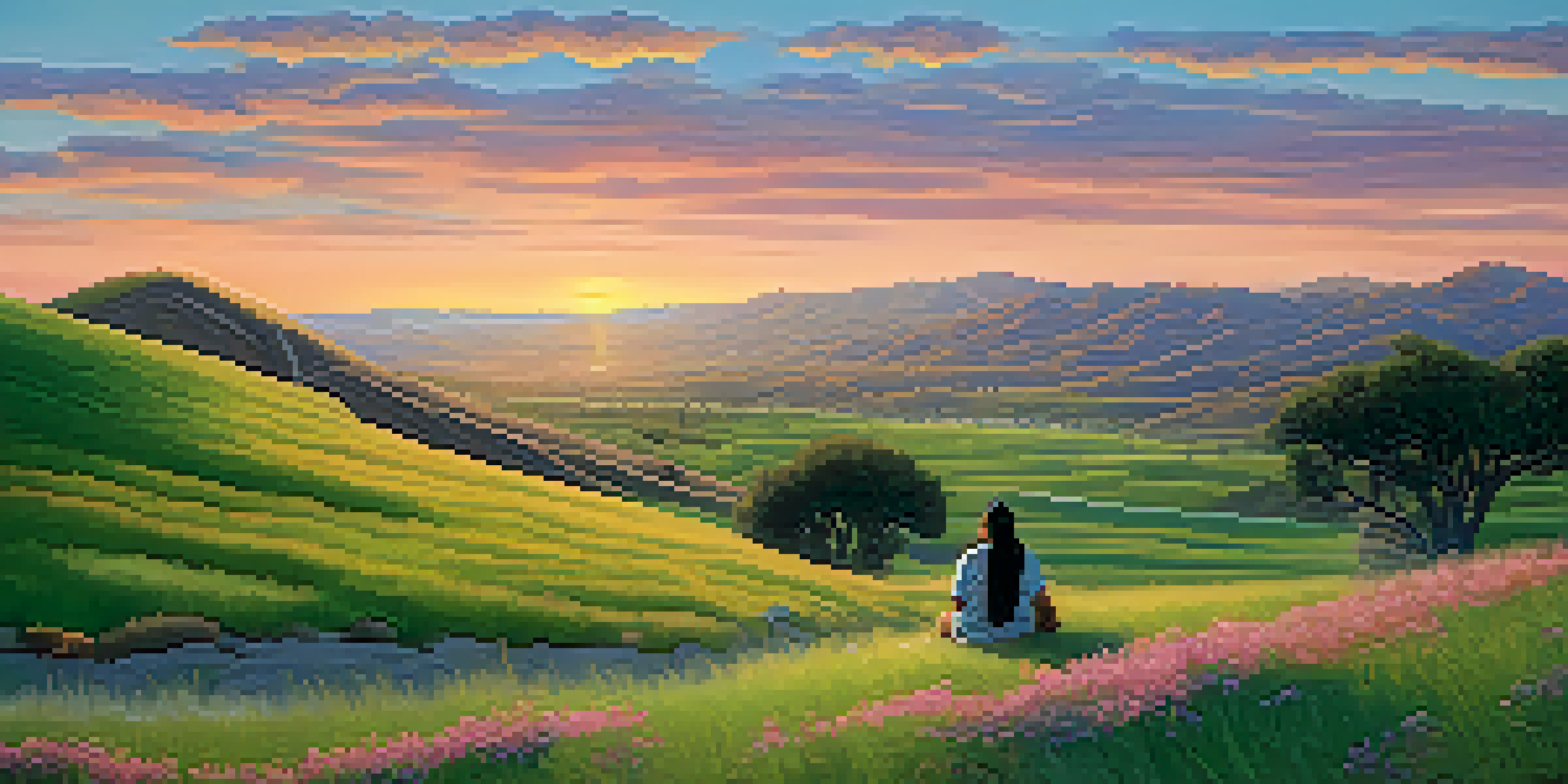 A picturesque California landscape with fault lines, rolling hills, and a storyteller sharing tales with children at sunset.