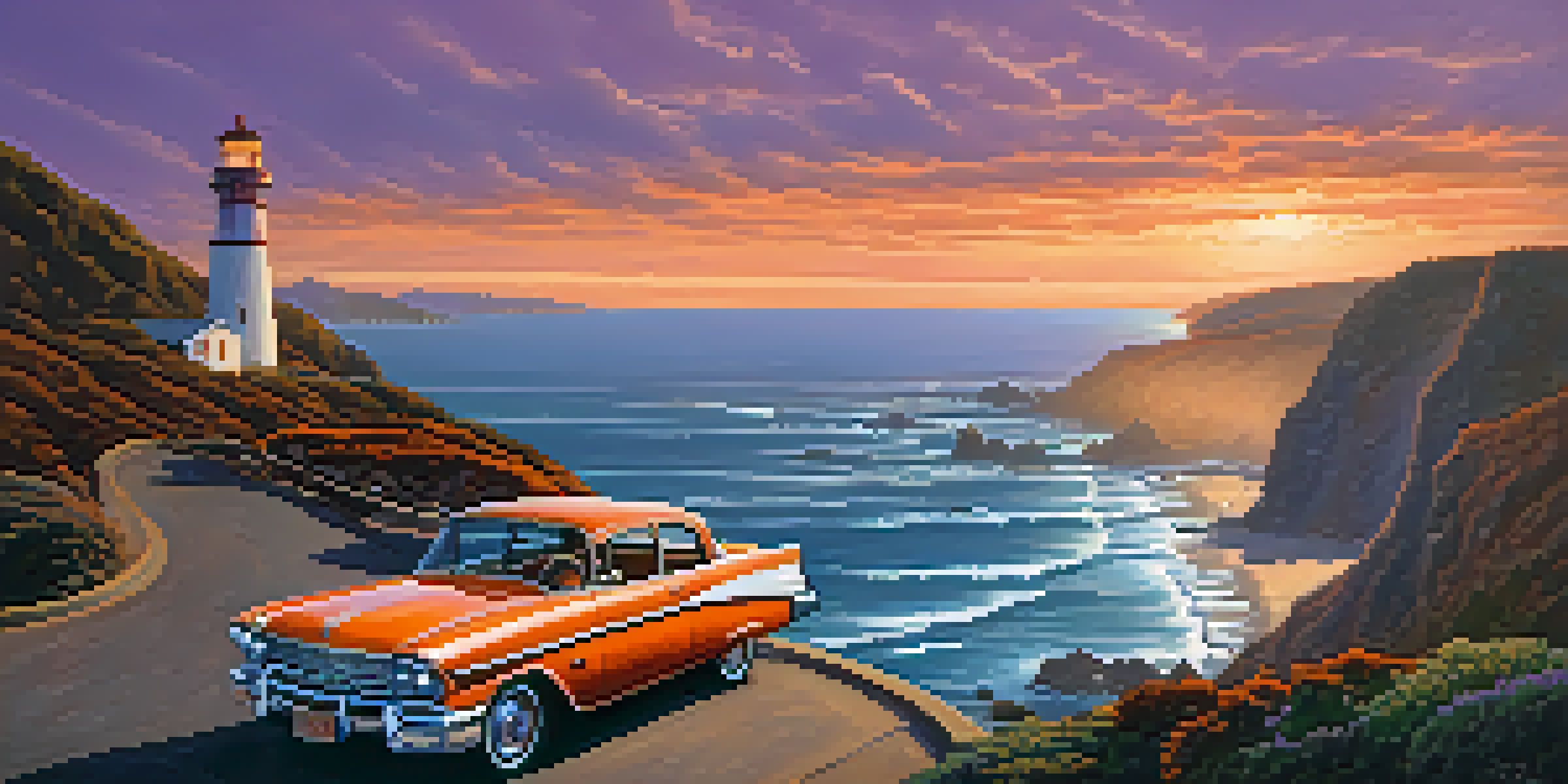A scenic view of the Pacific Coast Highway at sunset, featuring crashing waves, rugged cliffs, and a vintage car parked at an overlook.