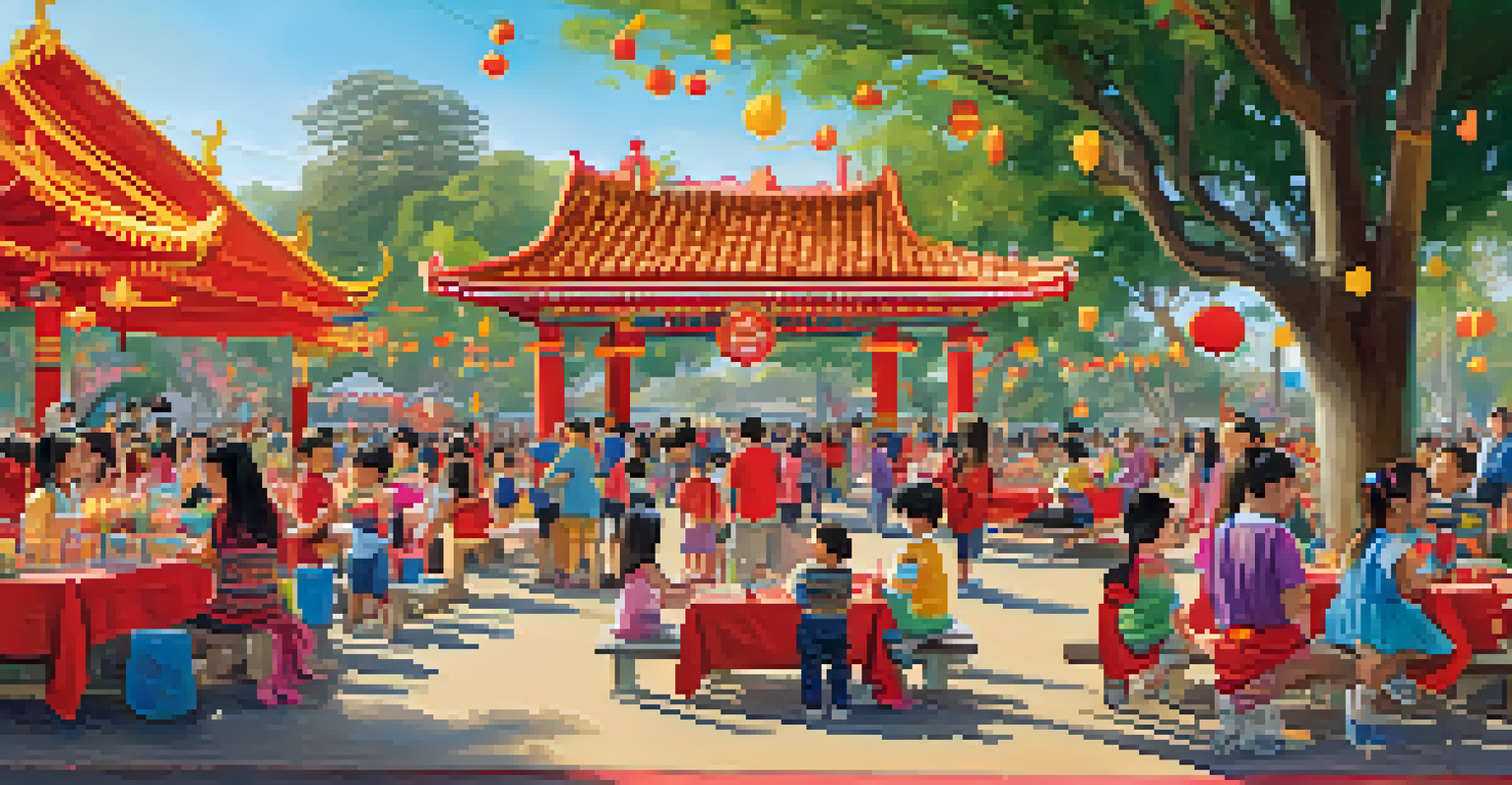 A family-friendly Lunar New Year Festival in a park with children at craft stations, performances on stage, and families enjoying food.