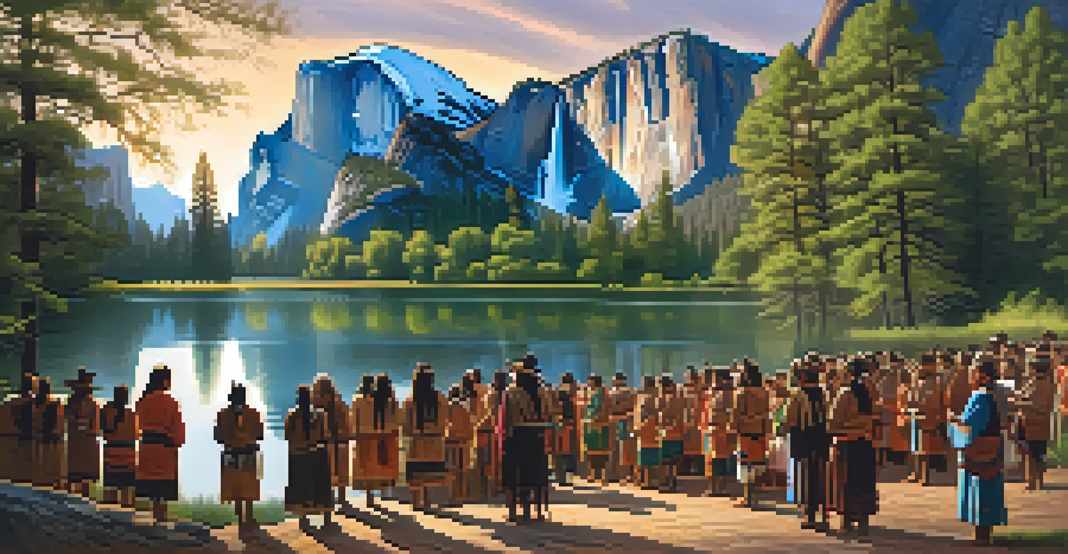 A breathtaking sunrise view of Yosemite National Park with granite cliffs and a river, featuring Native American individuals in traditional attire participating in a cultural ceremony.