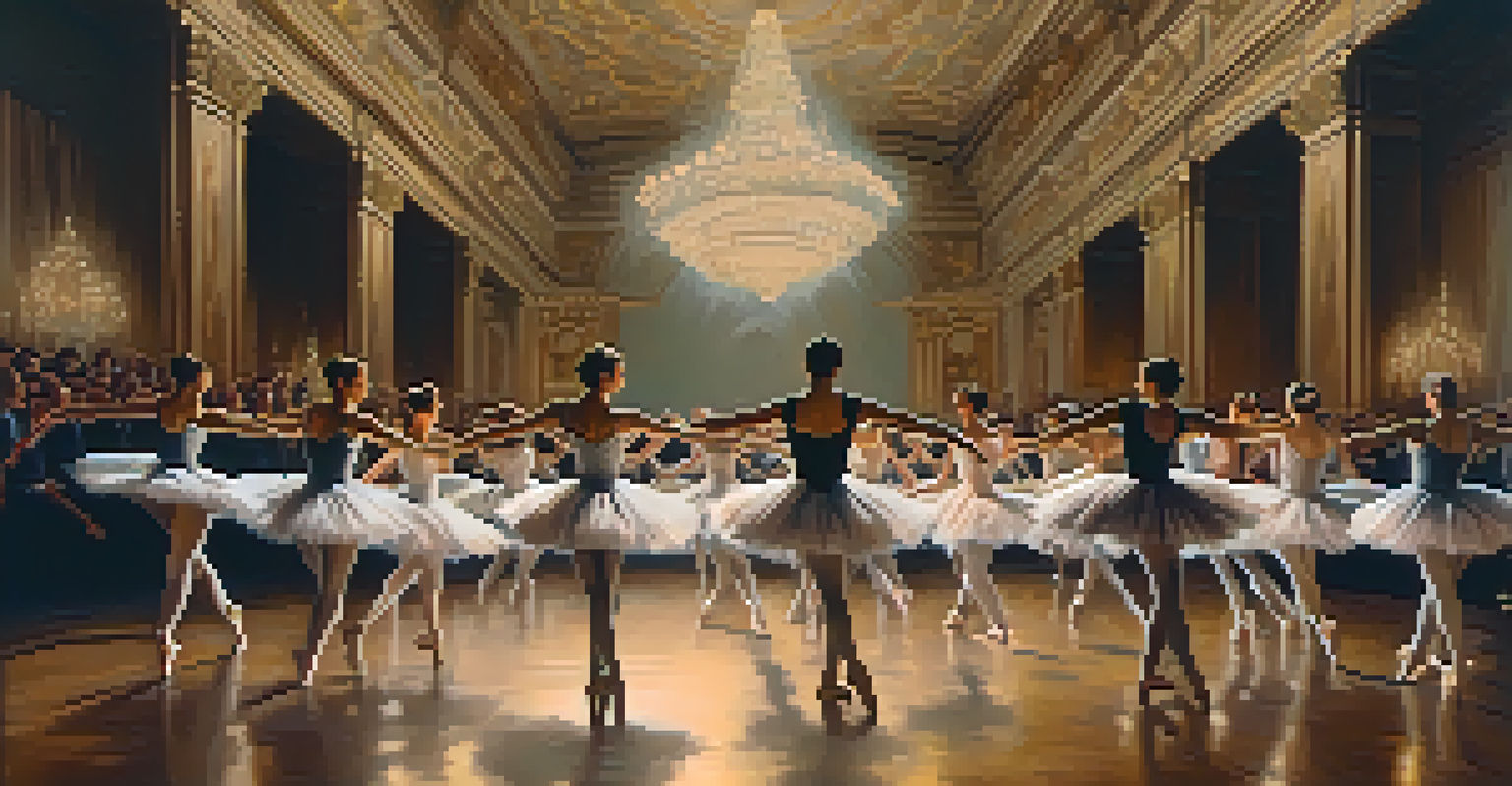 Ballet dancers performing gracefully on stage in an ornate theater, with warm lighting enhancing their movements.