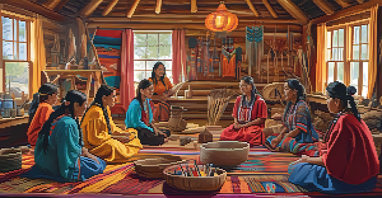 Native American women participating in a storytelling and crafting workshop, surrounded by colorful textiles and handmade crafts in a warmly lit room.