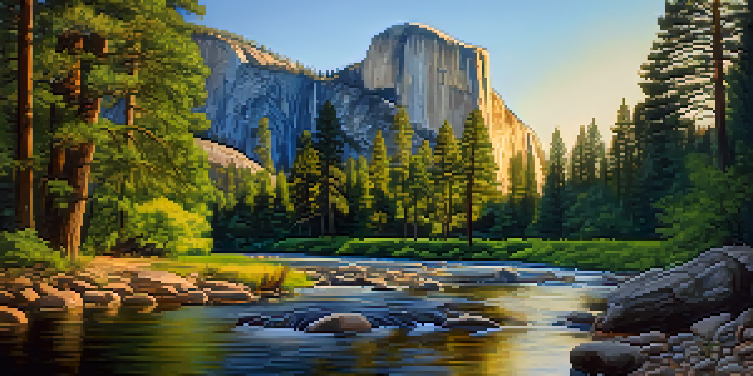 A scenic view of El Capitan in Yosemite National Park with climbers on the rock face and a river in the foreground, under a blue sky during golden hour.
