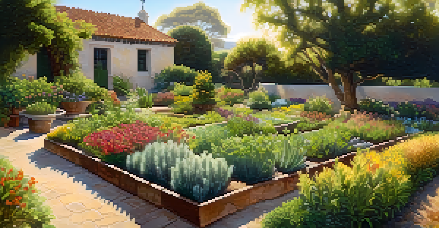 A close-up view of a mission garden featuring various herbs and flowers, with sunlight creating patterns on the soil.