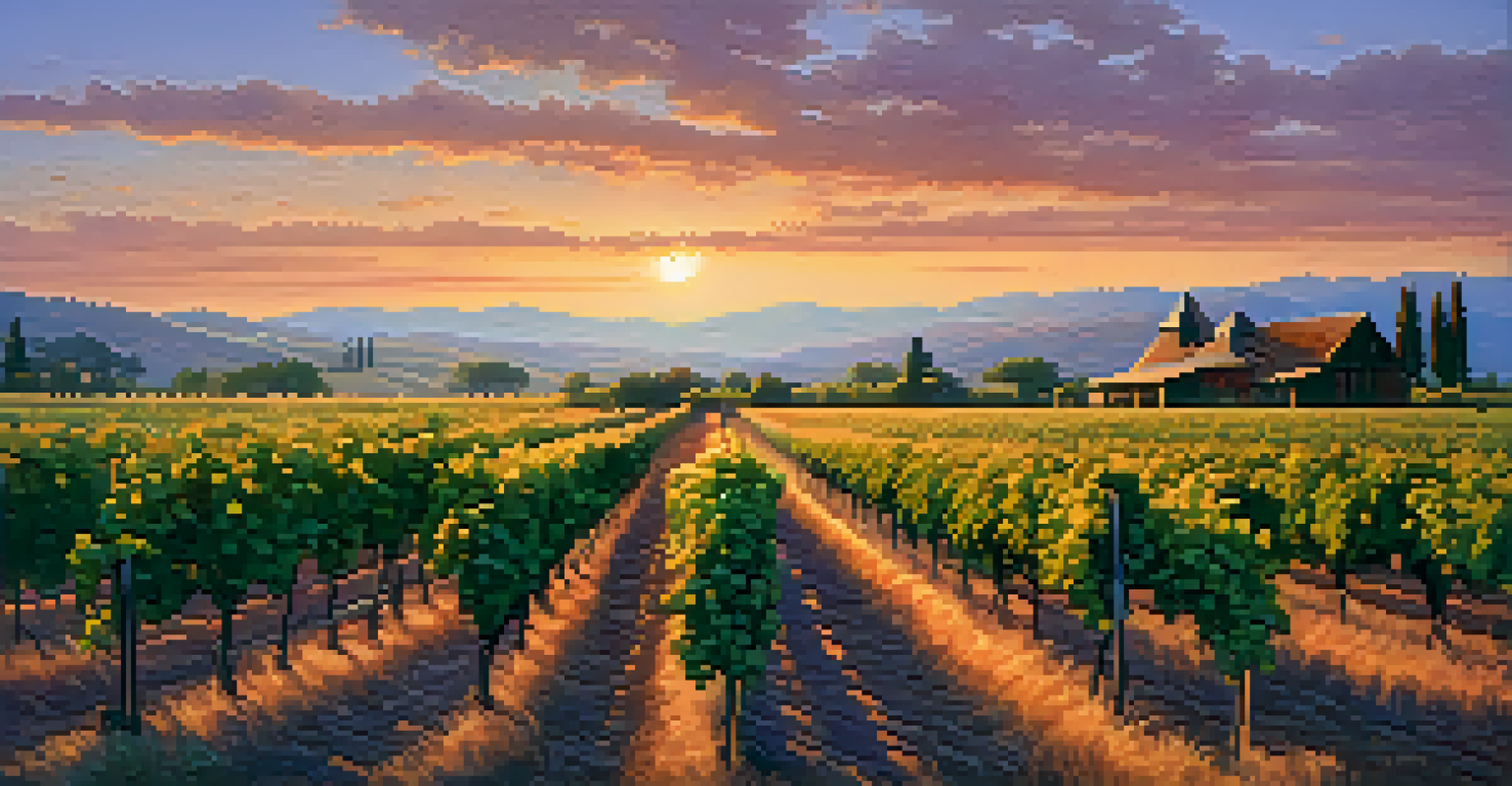 A beautiful Napa Valley vineyard at sunset, with rows of grapevines and a rustic barn under a colorful sky.
