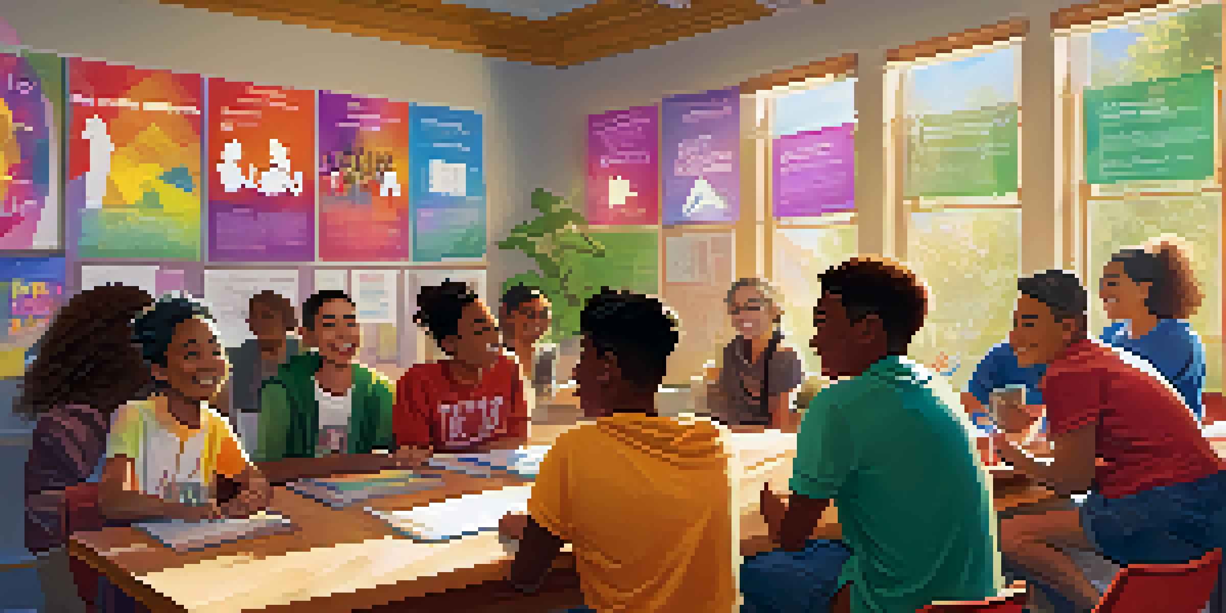 A diverse group of LGBTQ+ youth in a colorful school room, engaged in a Gay-Straight Alliance meeting with posters promoting inclusivity.