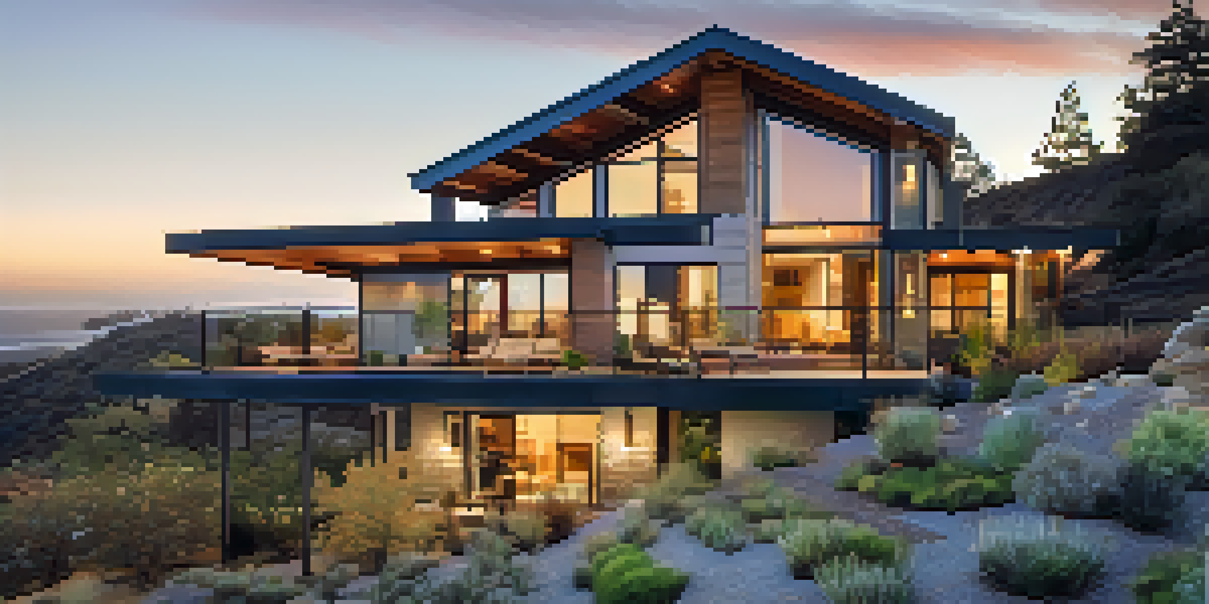 A sustainable California home with a green roof and solar panels, surrounded by drought-resistant landscaping and rain gardens, illuminated by warm golden hour lighting.