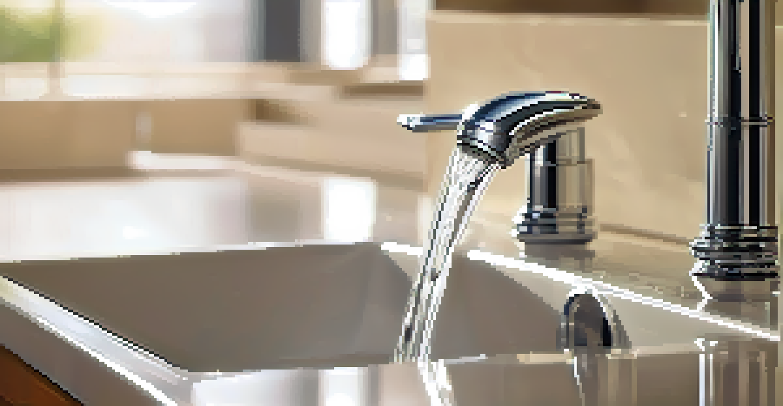 A close-up image of a modern low-flow faucet with water droplets falling into a sink, showcasing the importance of water conservation.