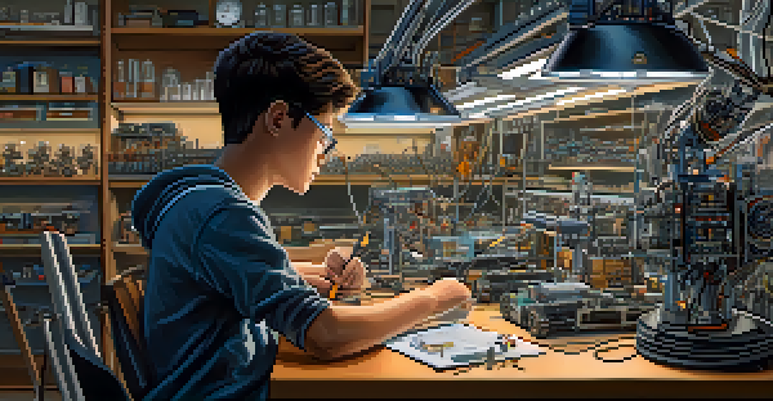 A close-up of a student assembling a robotics project in a university lab, highlighting the detailed components and tools used in the process.