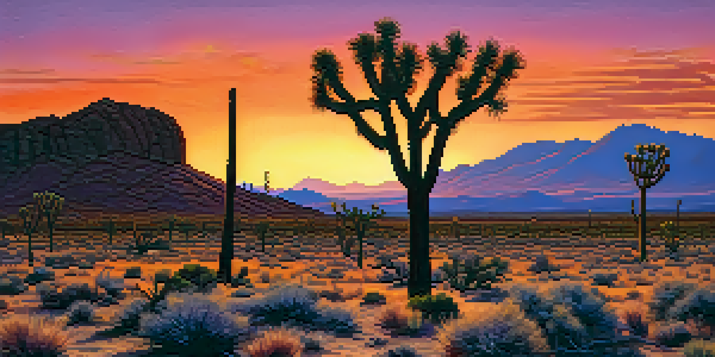 A sunset view of the Mojave Desert with silhouetted Joshua trees and rocky terrain, highlighted by vibrant orange and purple sky.