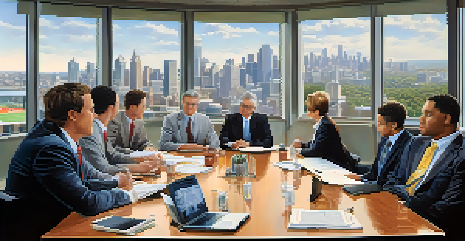 A boardroom table filled with documents on athlete health and safety, with diverse individuals in a meeting surrounded by sports memorabilia.