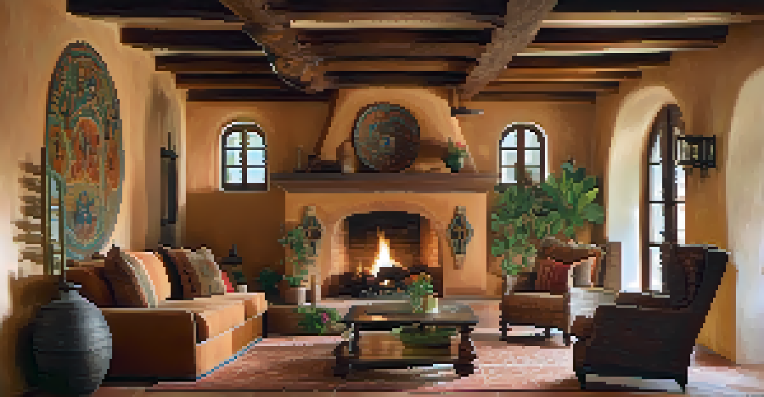 The interior of a Spanish Colonial style home with adobe walls, wooden beams, and decorative tiles, featuring a cozy sitting area and natural light.