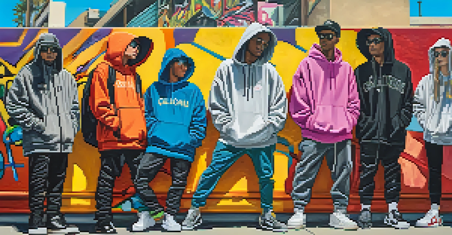 Young people wearing streetwear walking past a colorful graffiti wall in Los Angeles.