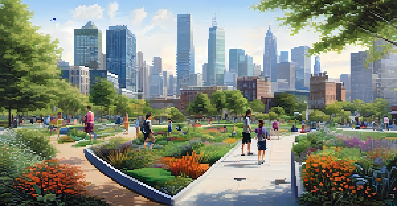 A vibrant urban park with people enjoying nature, showcasing wildlife and native plants against a city skyline.