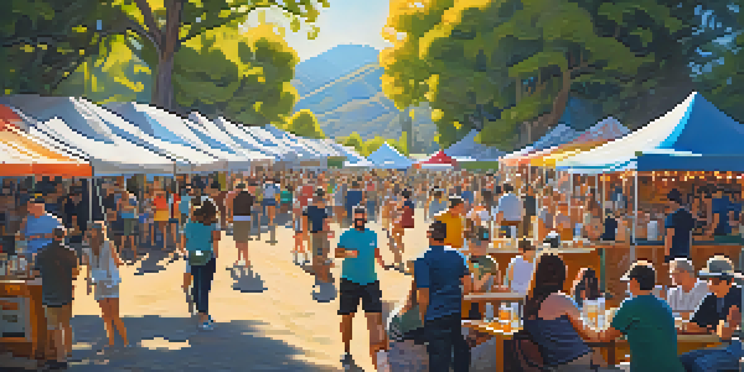 A lively craft beer festival with people enjoying drinks and food in a sunny outdoor setting.