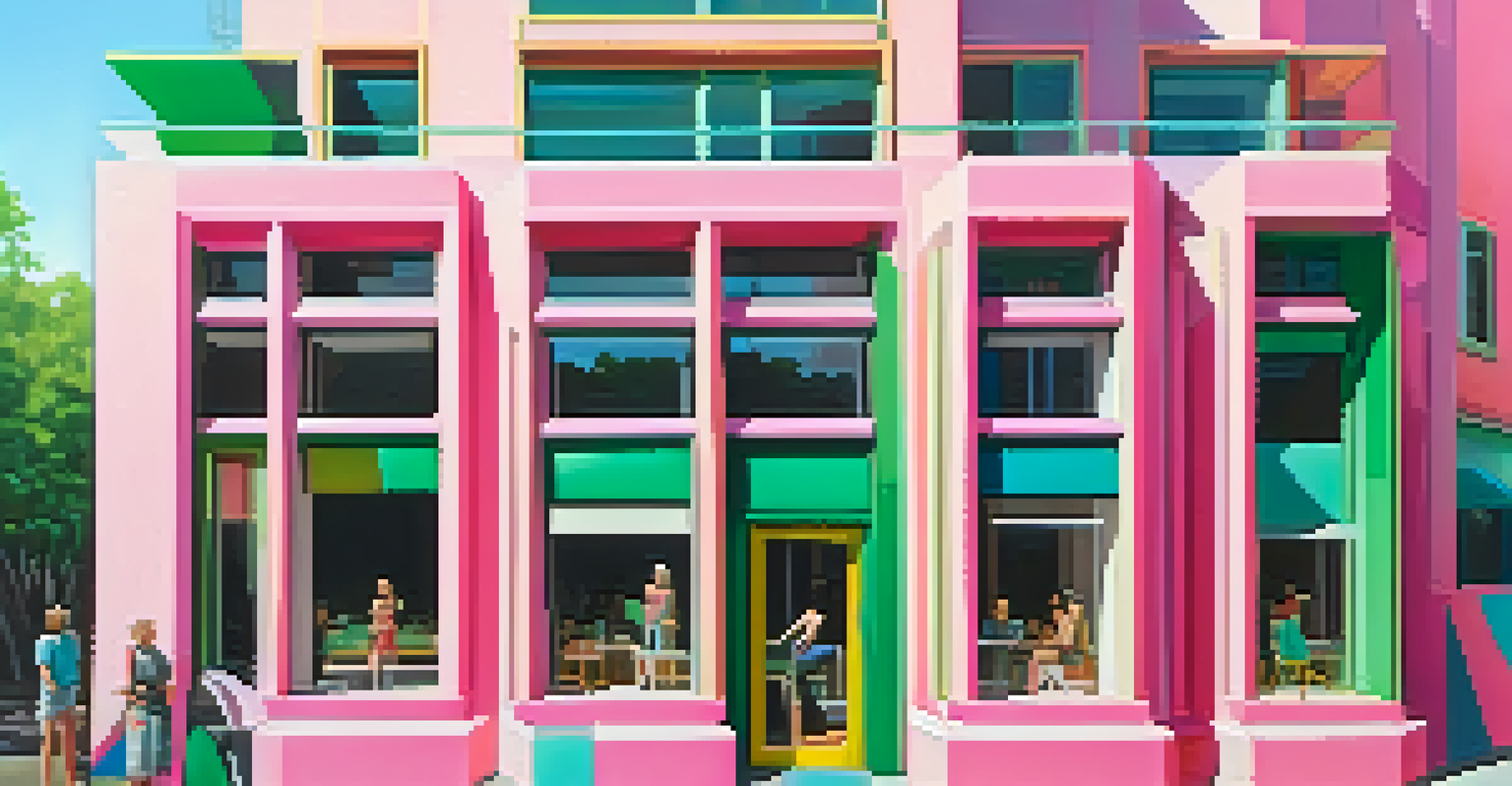 A whimsical postmodern architectural facade with exaggerated shapes and bright colors, set in an outdoor space with people.
