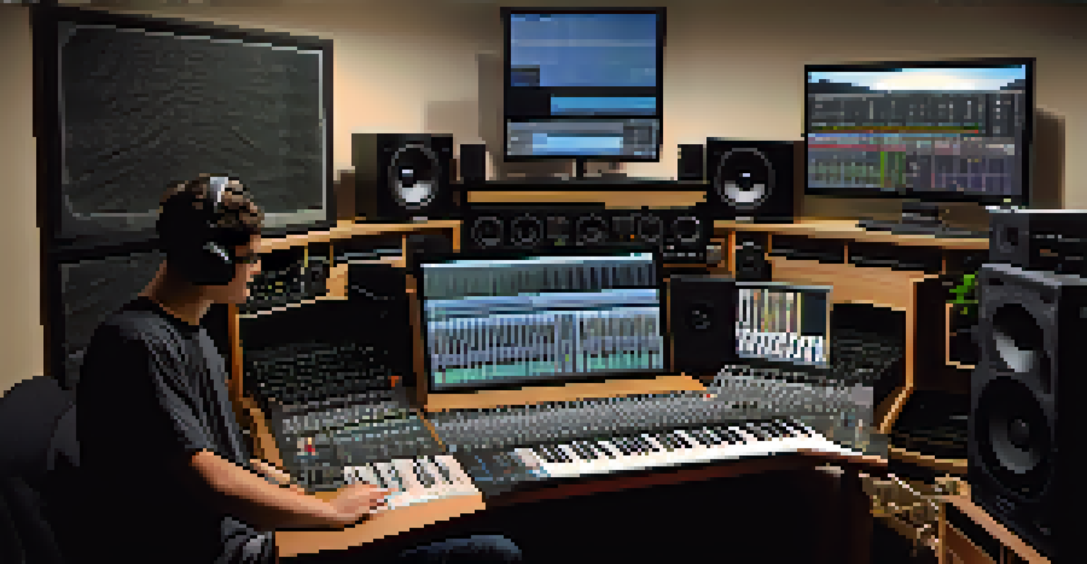 A student in a modern recording studio, working on music production with advanced equipment and a focused expression.