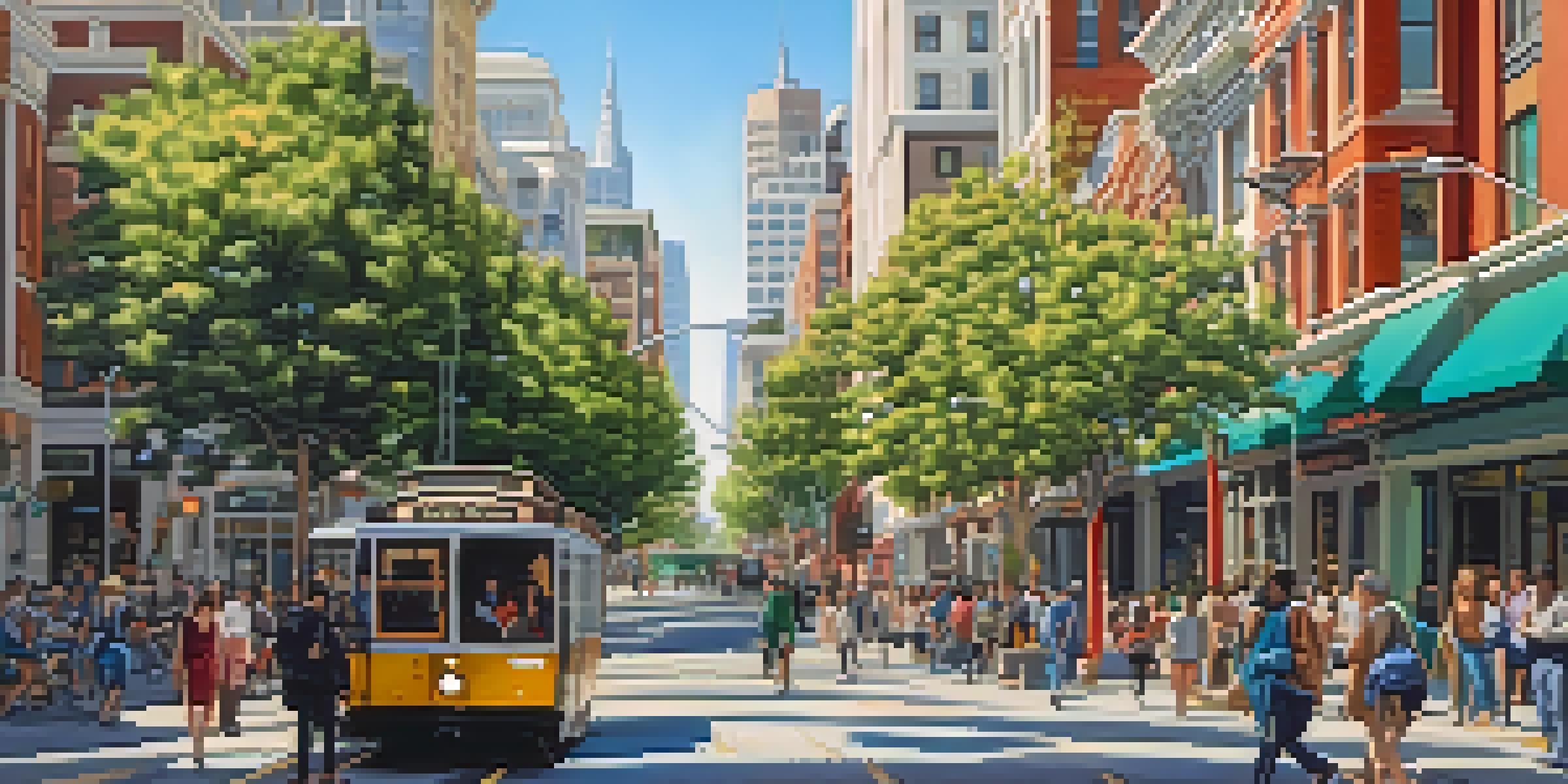 A lively city scene in San Francisco with a blend of modern tech buildings and traditional architecture, featuring people commuting and enjoying parks under a clear blue sky.