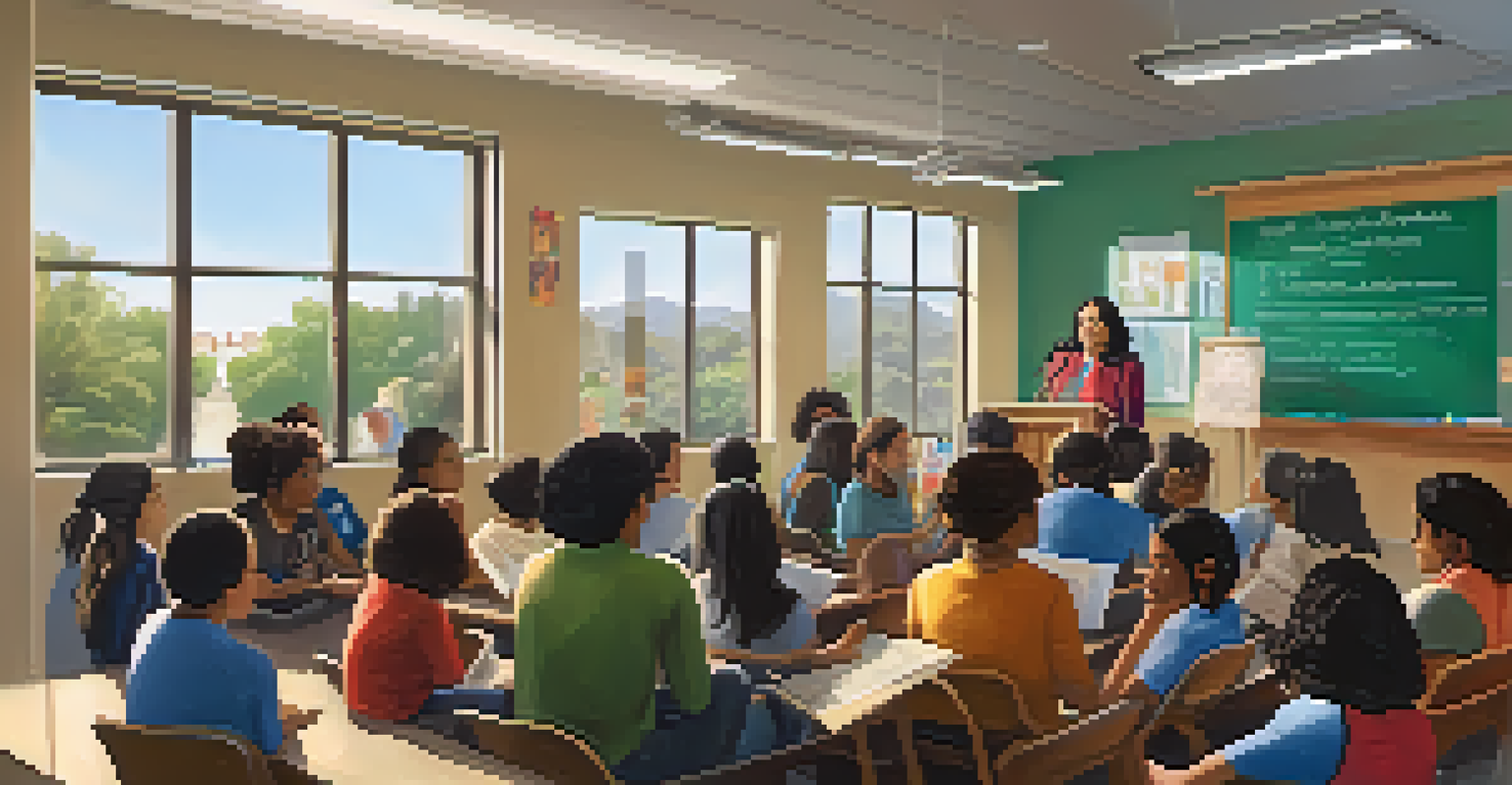 Dolores Huerta speaking to a diverse group of young activists in a classroom, with educational materials on social justice around them.