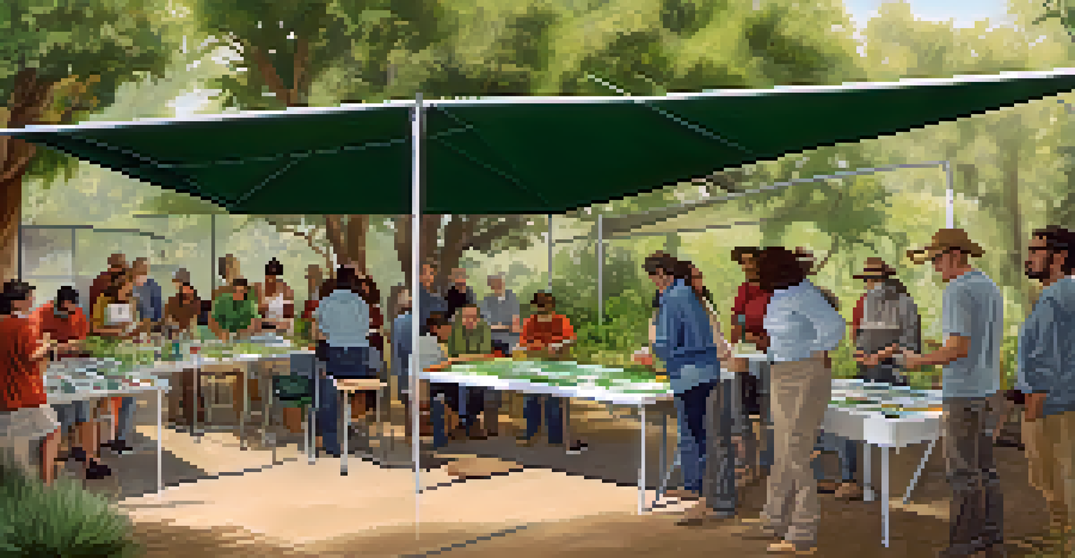A community workshop focused on water conservation, with participants discussing and engaging in activities under a canopy in a green outdoor setting.