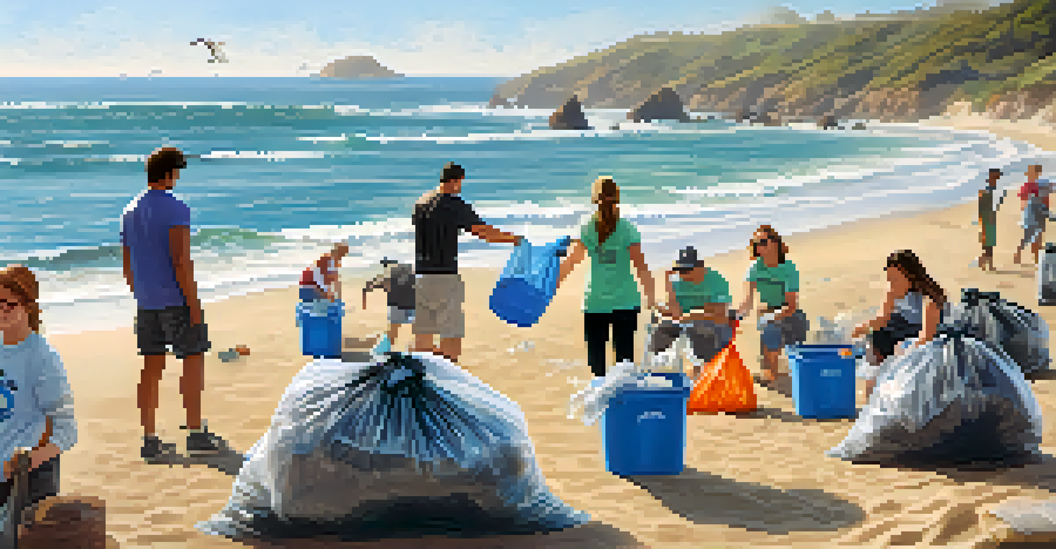 Volunteers cleaning a sunny California beach, with trash bags and a coastal conservation banner in the background.