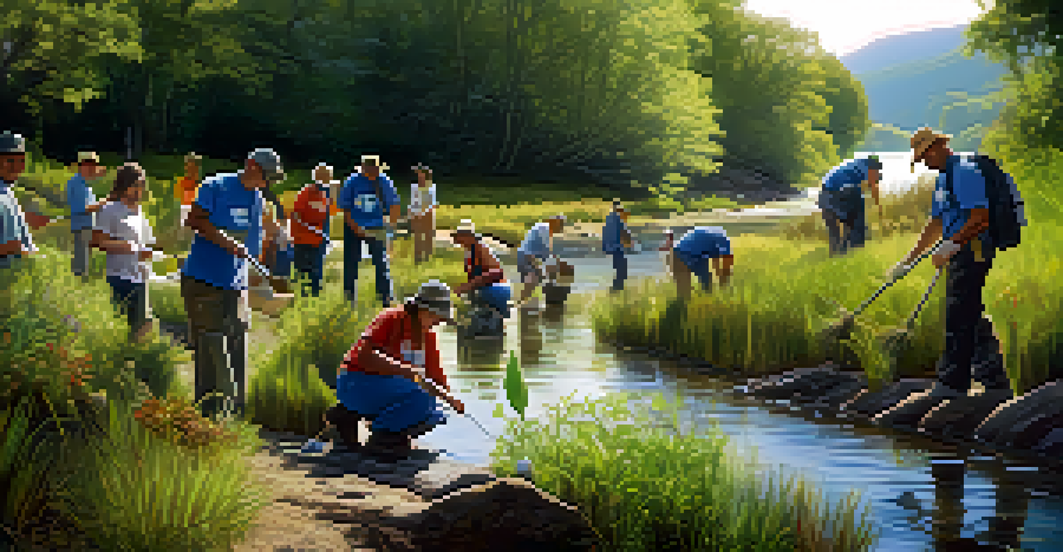 Volunteers planting native plants along a riverbank during a community habitat restoration event.