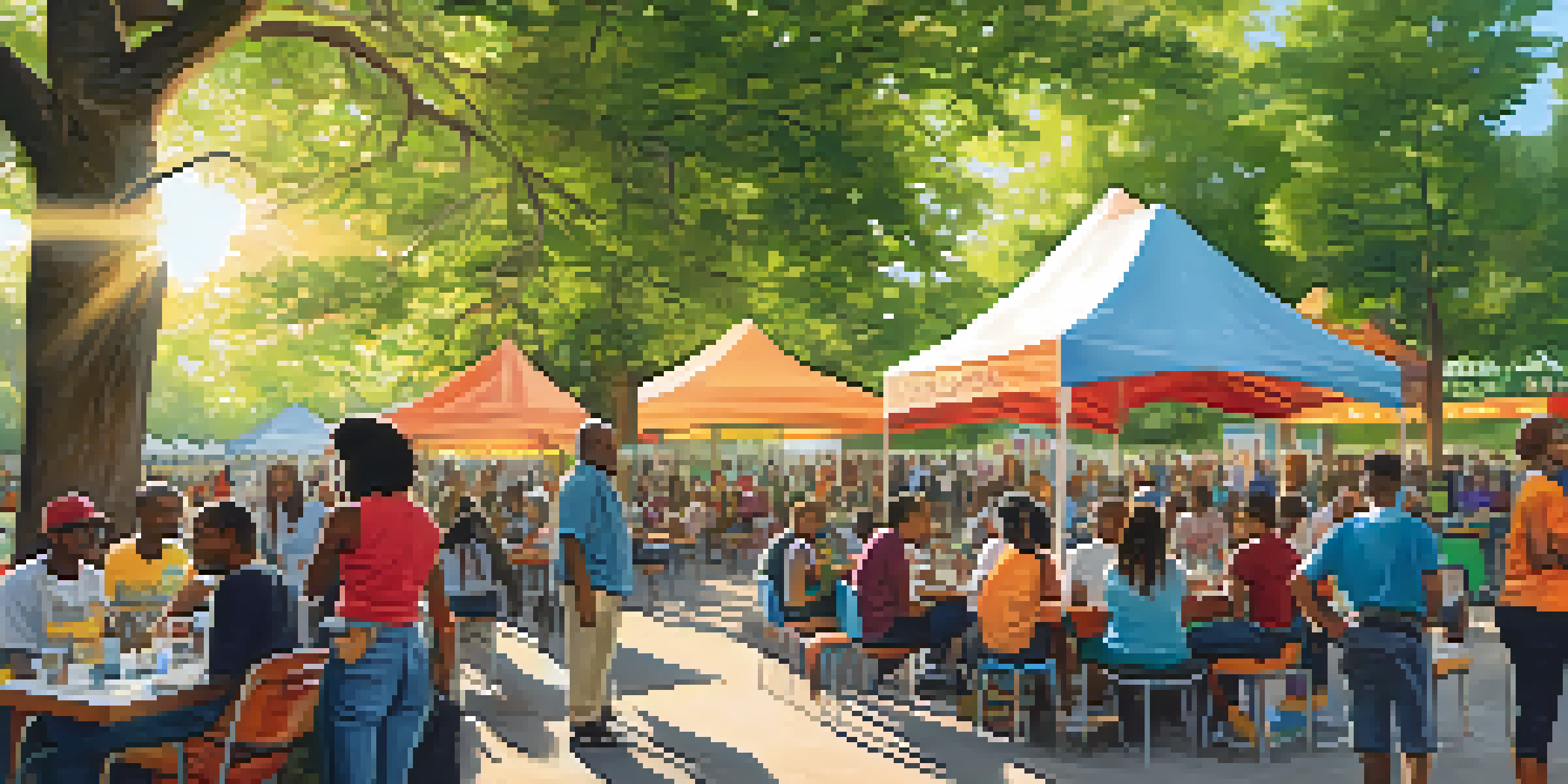 A lively community event in a park with diverse people participating in a grassroots movement, colorful banners, and sunlit greenery.
