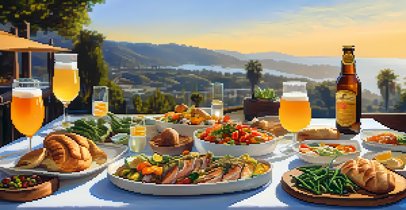 An outdoor dining table with colorful California cuisine and various craft beers, illuminated by sunset light.