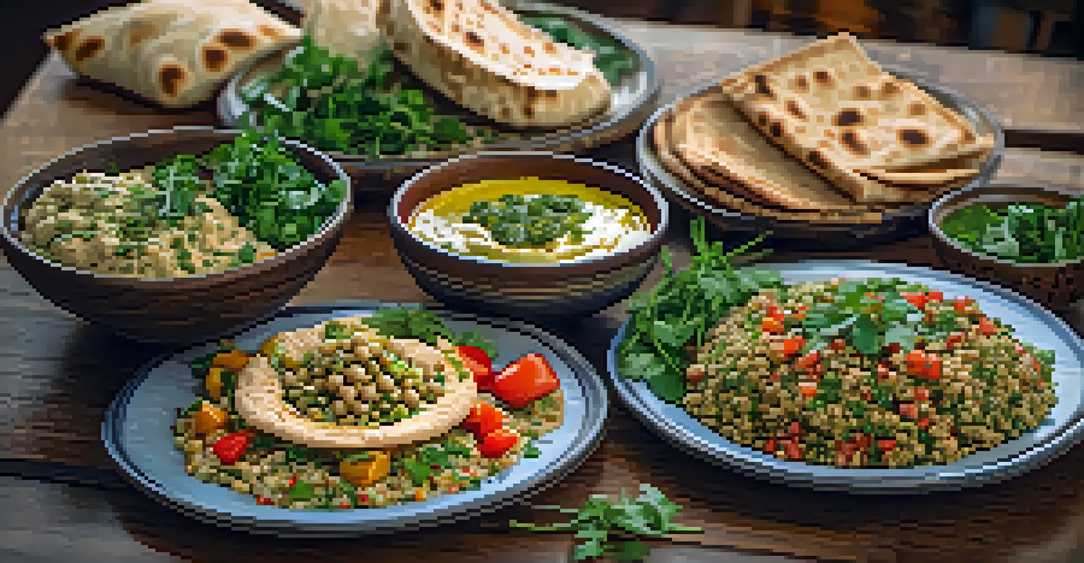 A colorful plate of Middle Eastern vegetarian dishes, including hummus and tabbouleh, beautifully presented with fresh herbs and pita bread.