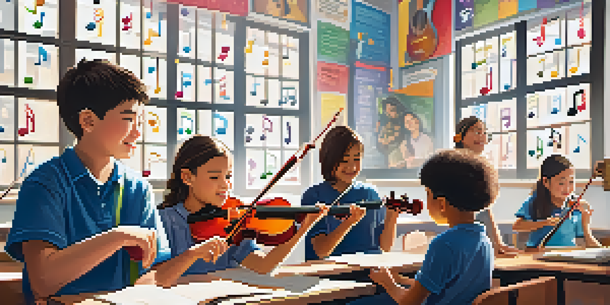 A lively classroom where diverse students are participating in a music lesson, surrounded by various musical instruments and bright sunlight.