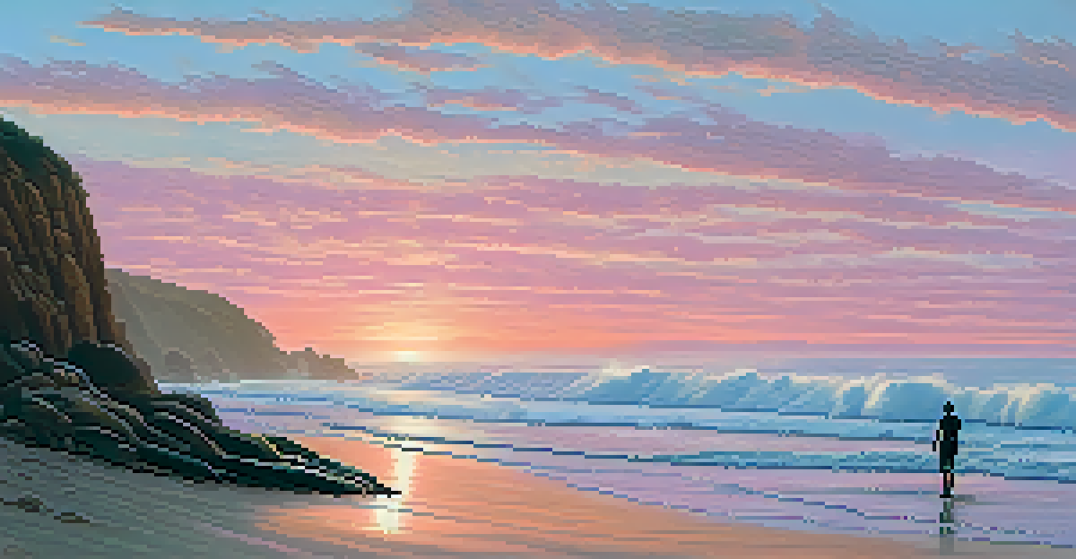 A peaceful California coastline at dawn with gentle waves, pastel-colored sky, and a surfer silhouetted against the rising sun.