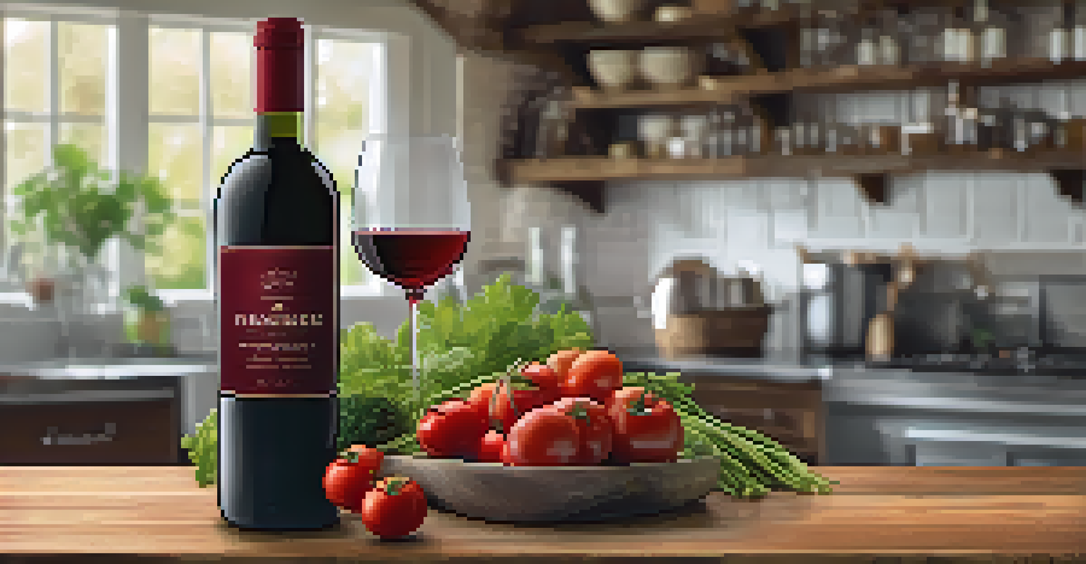 A close-up of a wine glass filled with red Zinfandel surrounded by fresh cooking ingredients in a rustic kitchen.