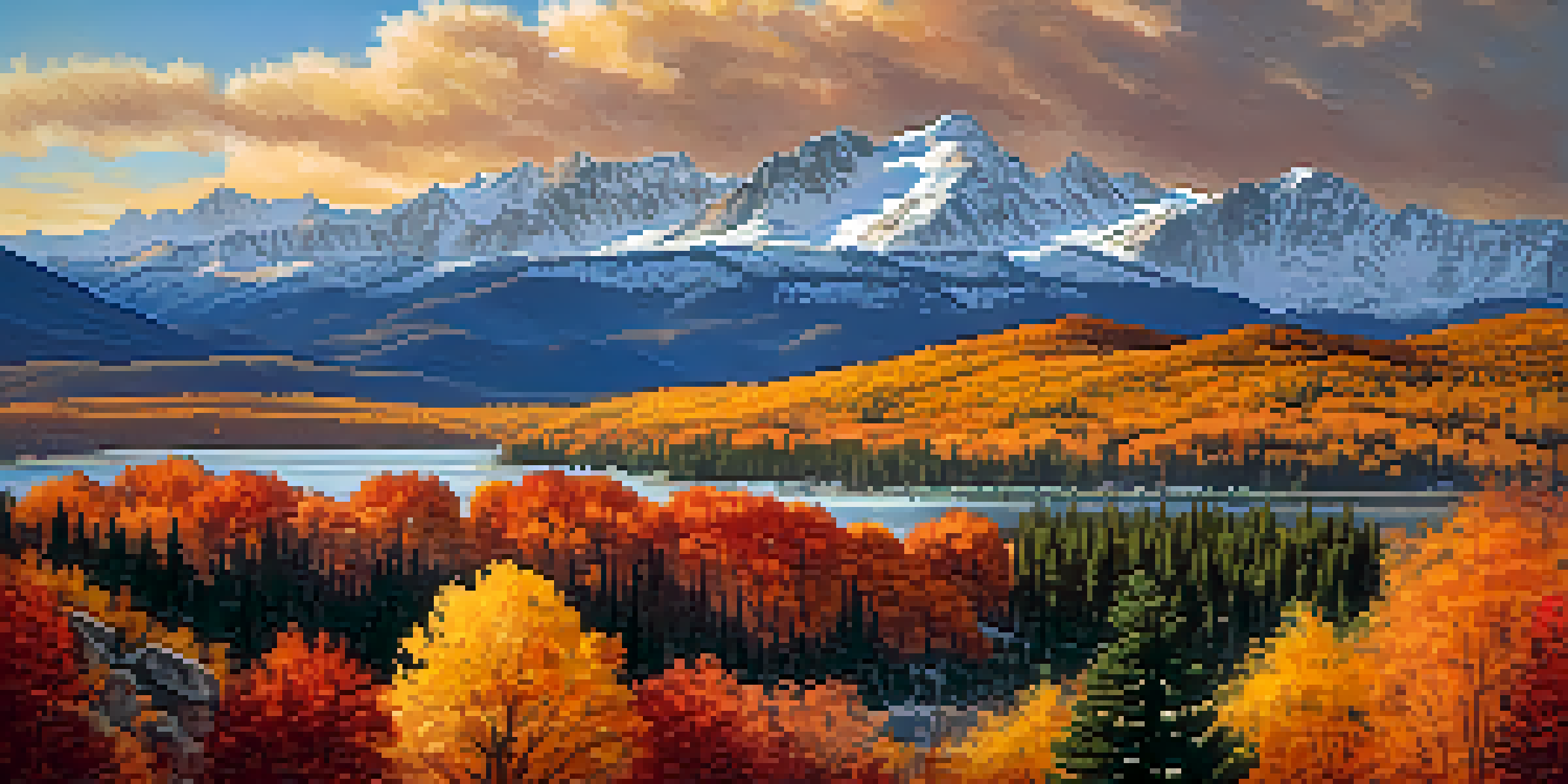 A scenic autumn view of the Sierra Nevada mountains with colorful foliage and snow-capped peaks under a clear blue sky.