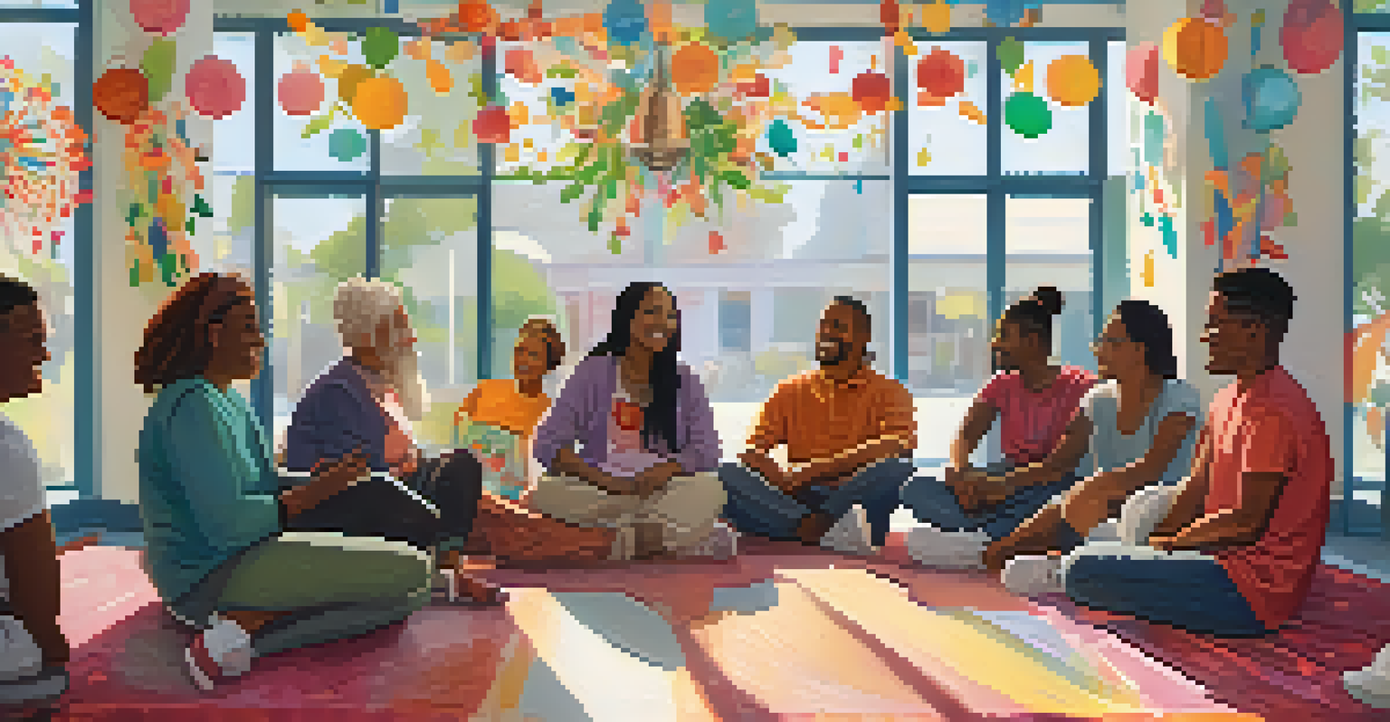 A diverse group of people in a community center engaged in a mental health support group, smiling and sharing stories.
