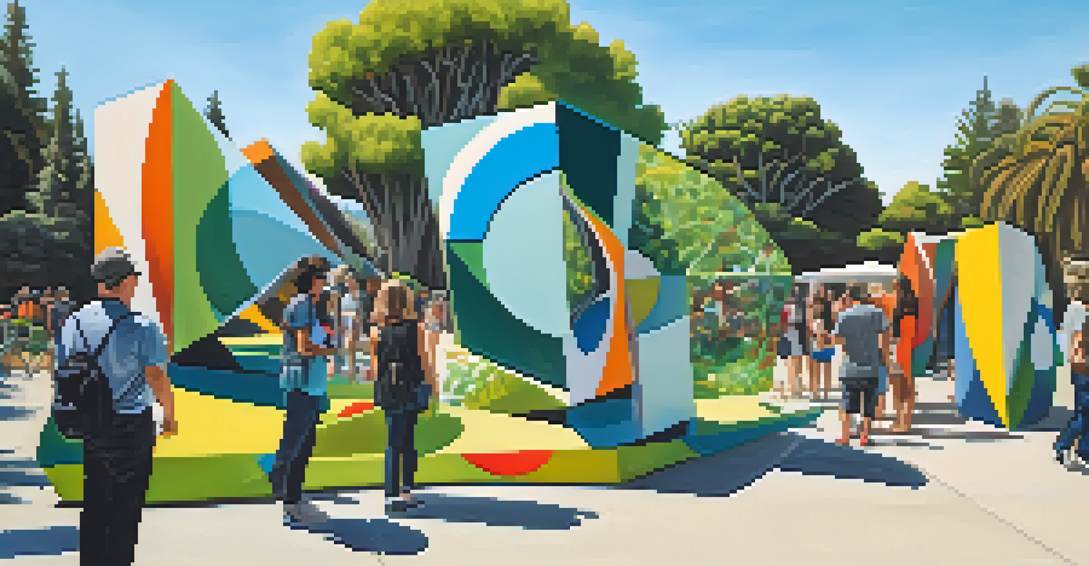 An outdoor art installation with large abstract sculptures in a California park, surrounded by greenery and visitors.