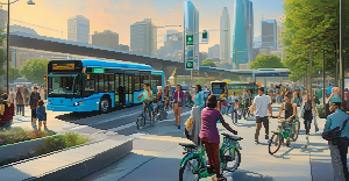 A vibrant city transit hub with electric buses, bike-sharing stations, and diverse people using e-scooters and bicycles in a sunny urban setting.