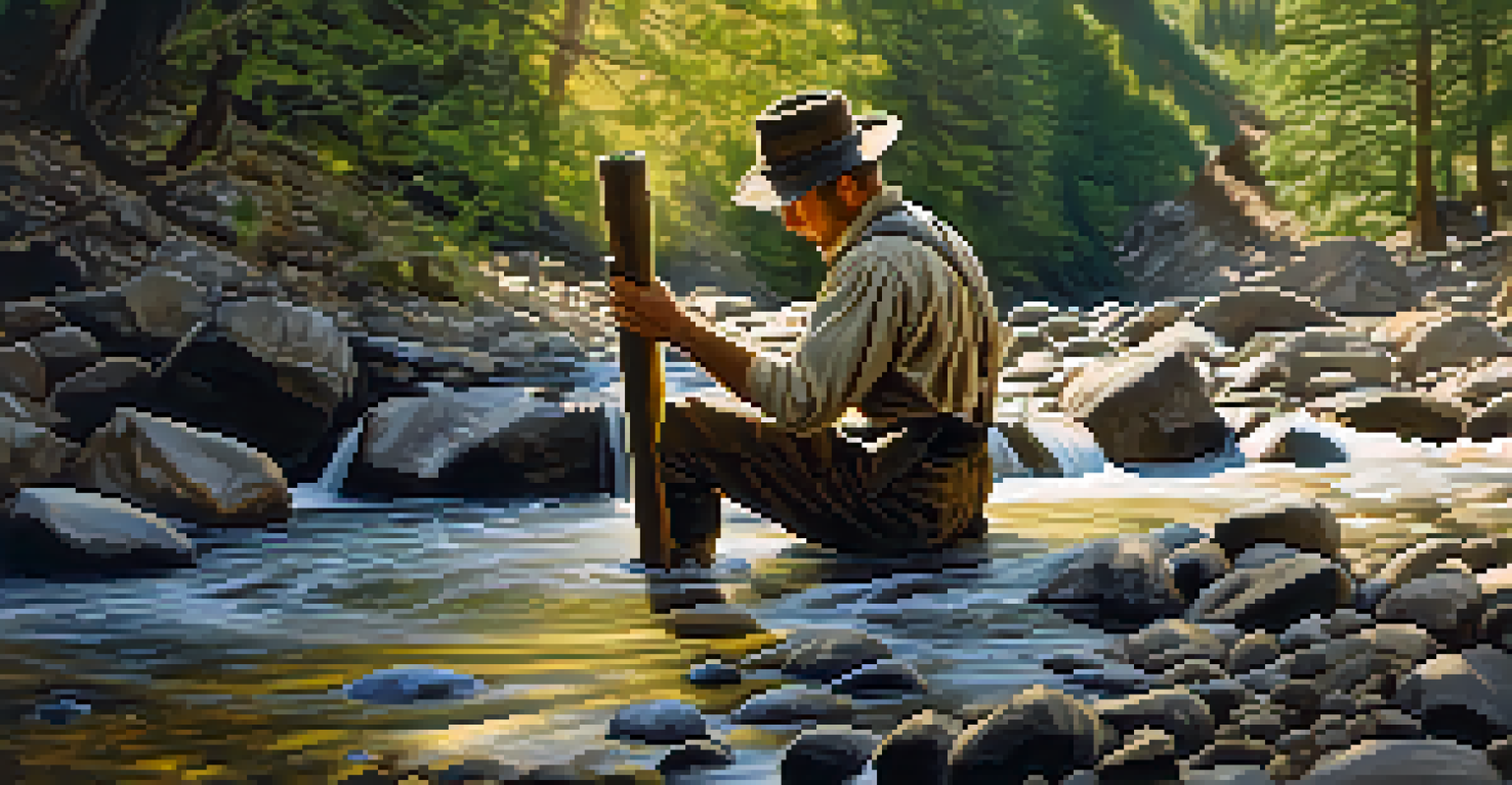 A miner panning for gold in a river near Sutter's Mill, with sparkling water and trees in the background.