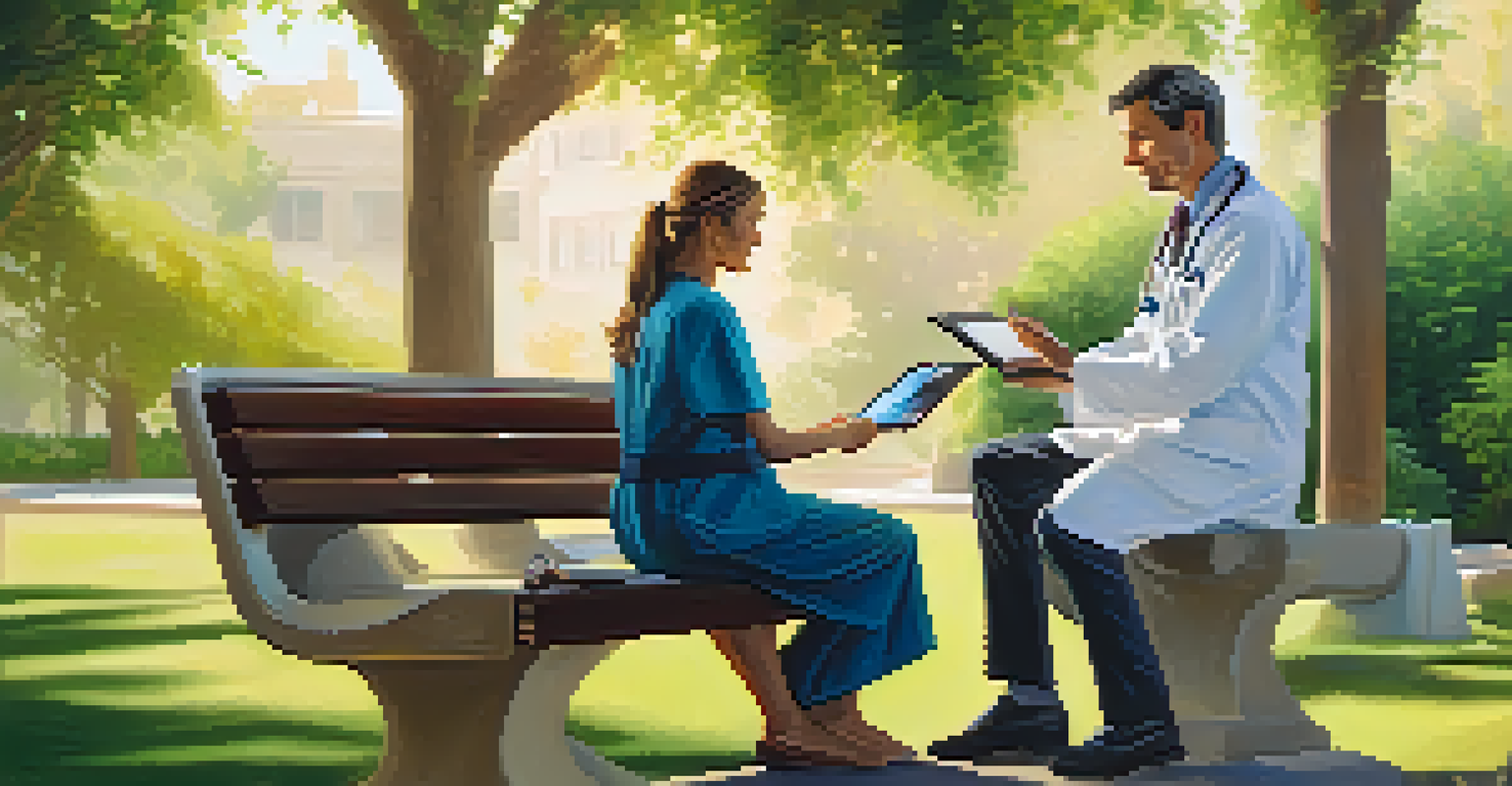 A woman in a park using a tablet to consult with a doctor via telemedicine, surrounded by trees and greenery.