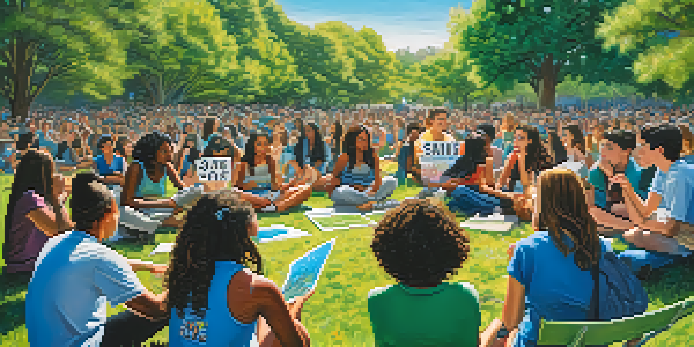 A diverse group of California teens in a park discussing climate change with colorful protest signs.