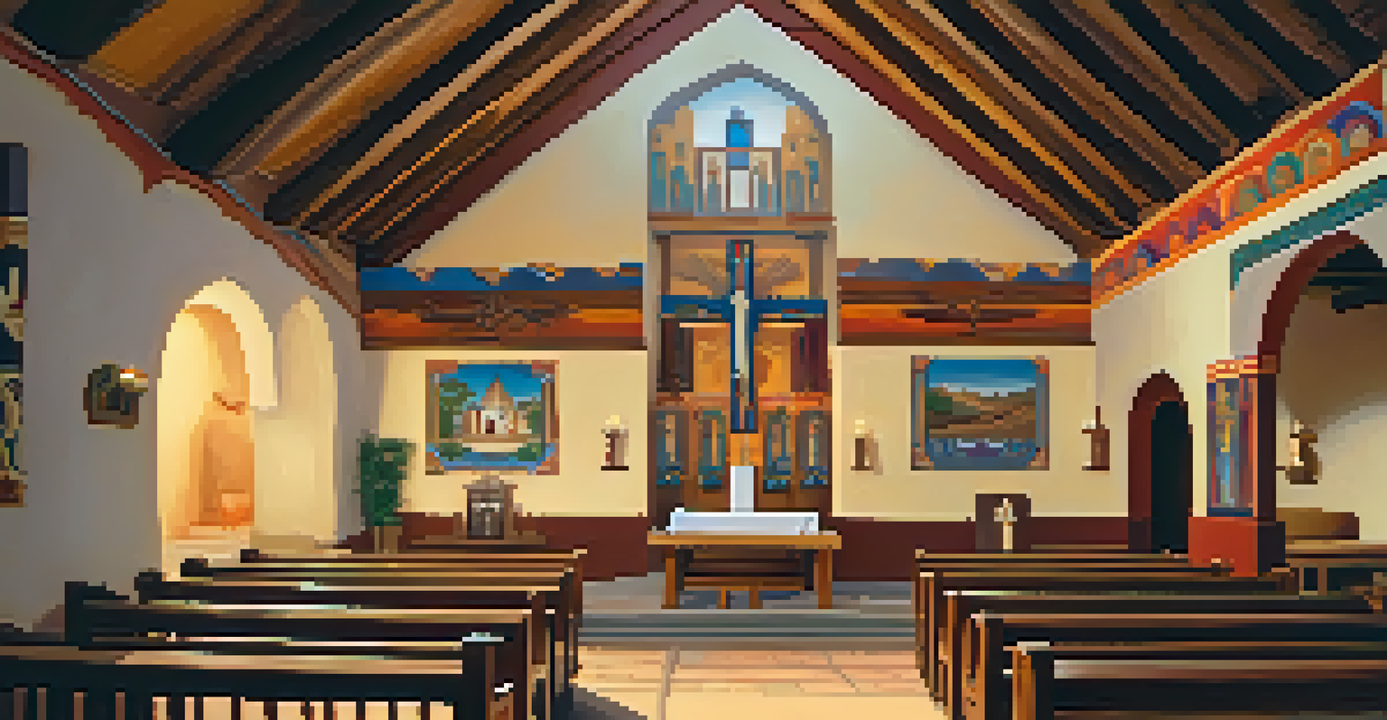The sanctuary inside Mission San Juan Capistrano with colorful murals and warm lighting.