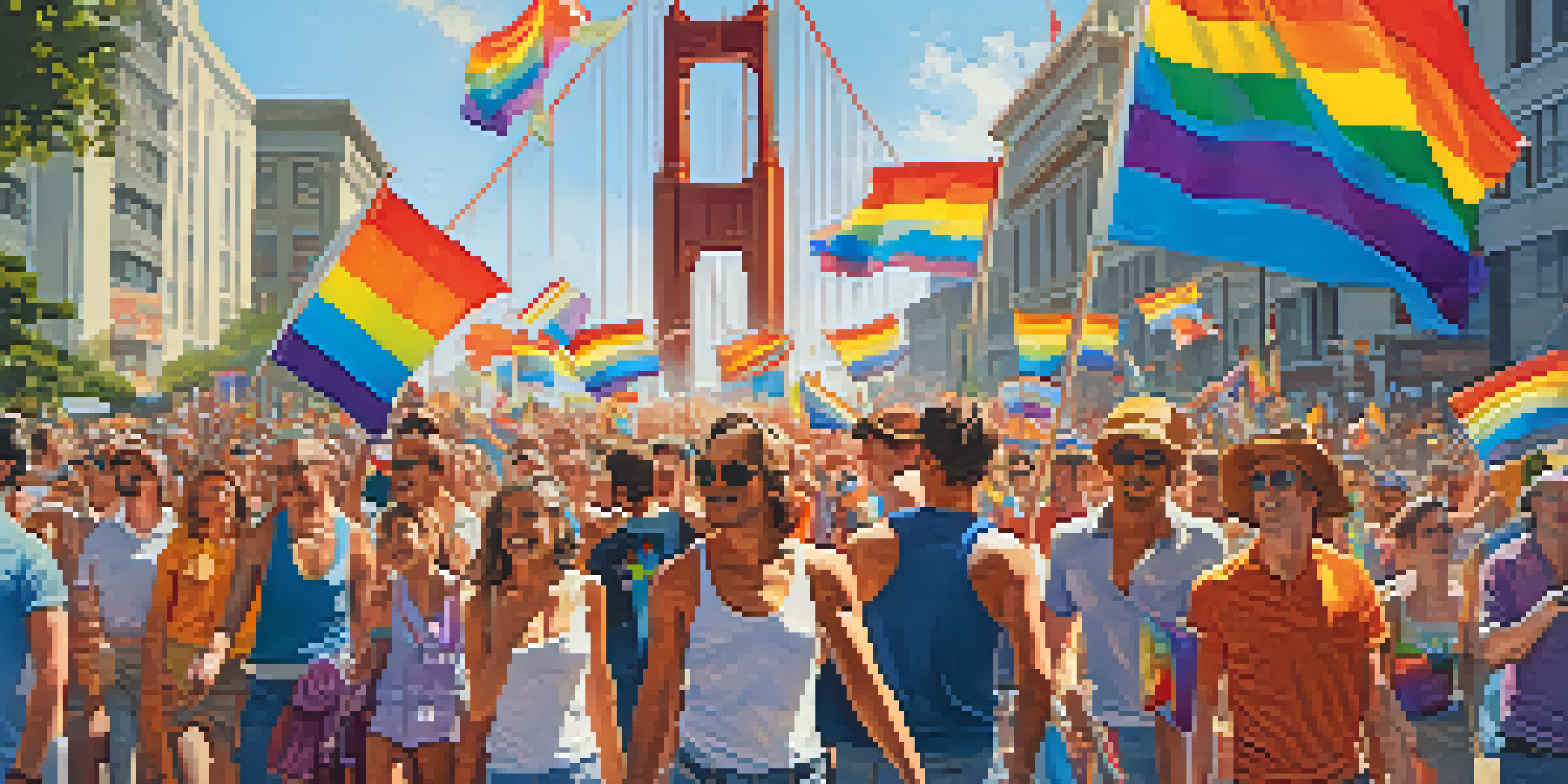 A historical scene of the first Pride Parade in San Francisco, showcasing LGBTQ+ individuals marching with colorful banners and flags under bright sunlight, with the Golden Gate Bridge in the background.
