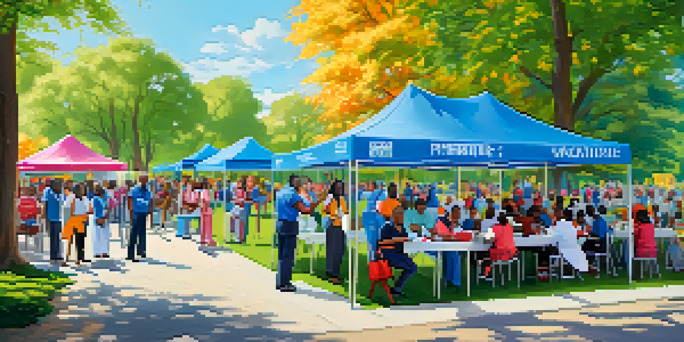 A community vaccination clinic in a park with diverse individuals and healthcare workers, surrounded by flowers and trees.