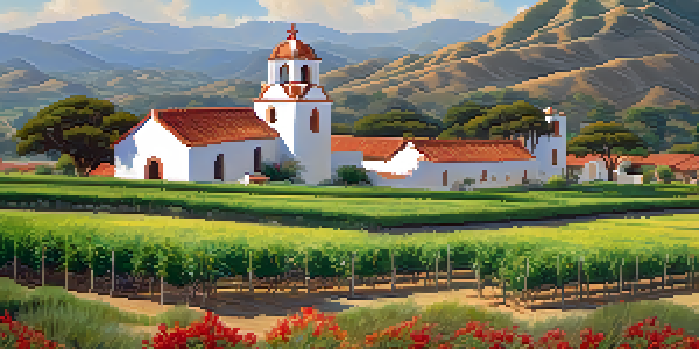 A historic Spanish mission surrounded by colorful wildflowers and hills, with Indigenous people working on a farm, under warm sunlight.