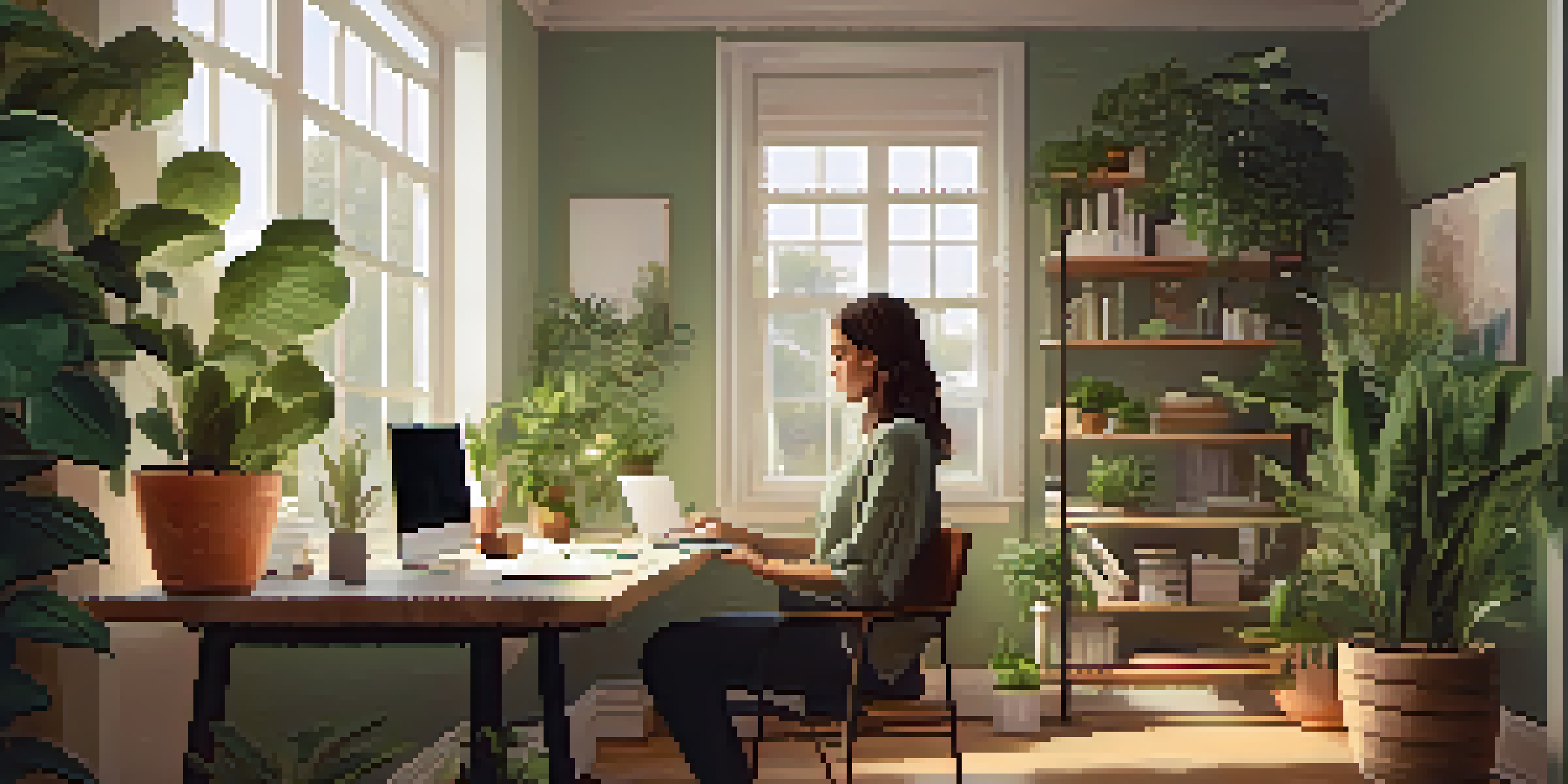 A freelancer working in a cozy home office surrounded by plants and natural light.