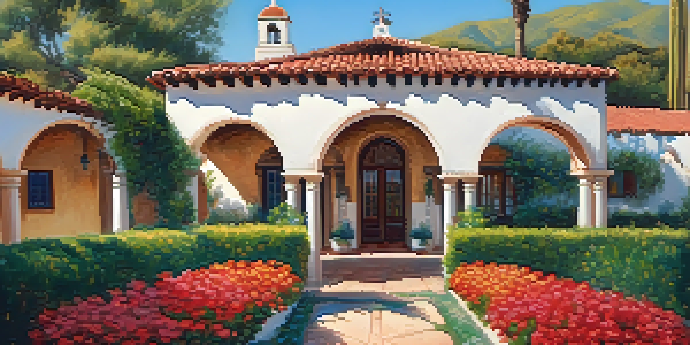 A Spanish Colonial mission with adobe walls, red-tiled roof, and a beautiful courtyard filled with flowers, bathed in morning sunlight.