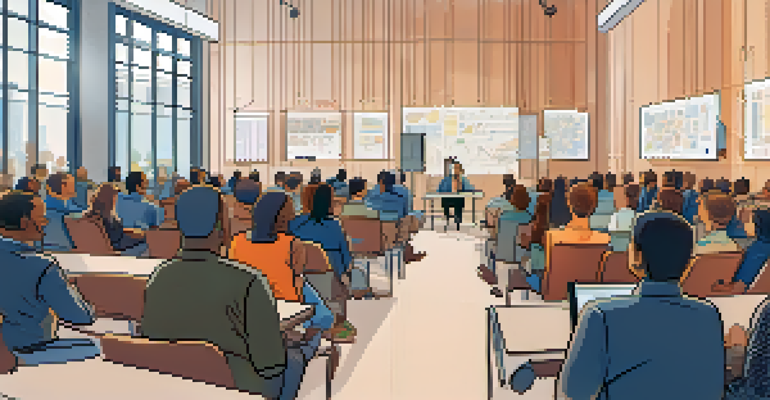 A diverse group of individuals participating in a town hall meeting focused on AI legislation, surrounded by charts and technology.