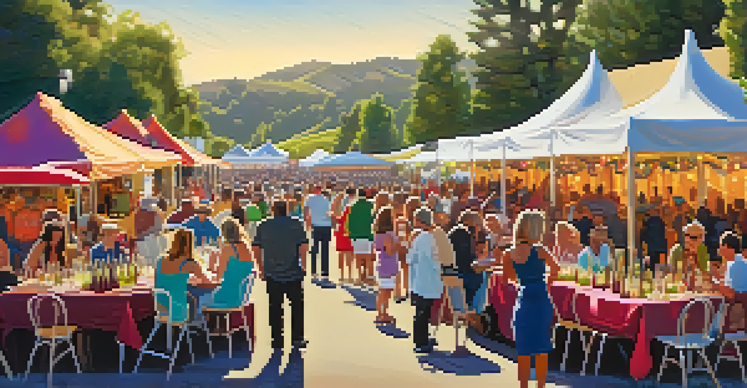 A lively wine festival in Sonoma County with visitors sampling wines at booths, colorful tents, and a live band.