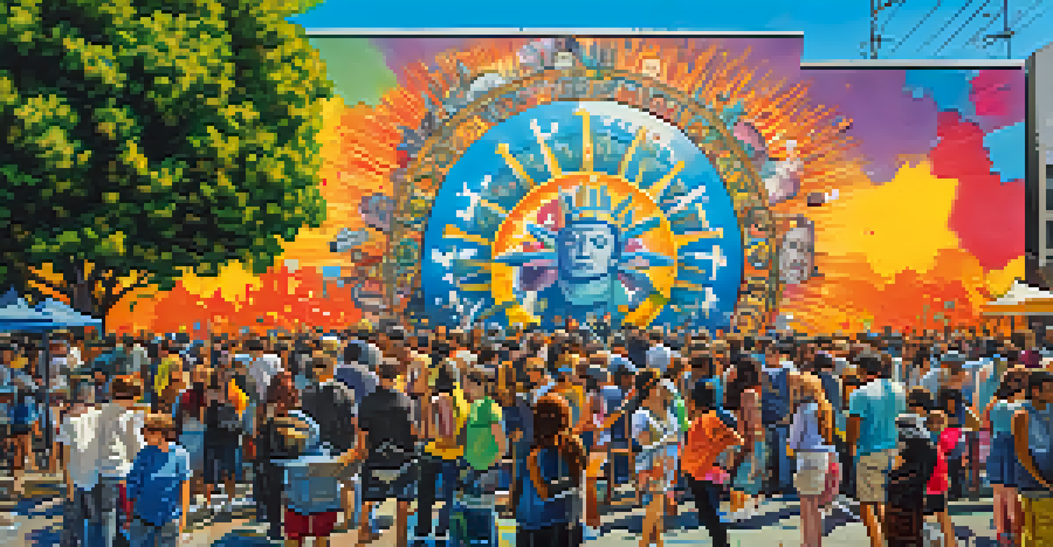 An outdoor street art festival in Oakland with artists painting murals and a lively crowd enjoying the event under the sun.