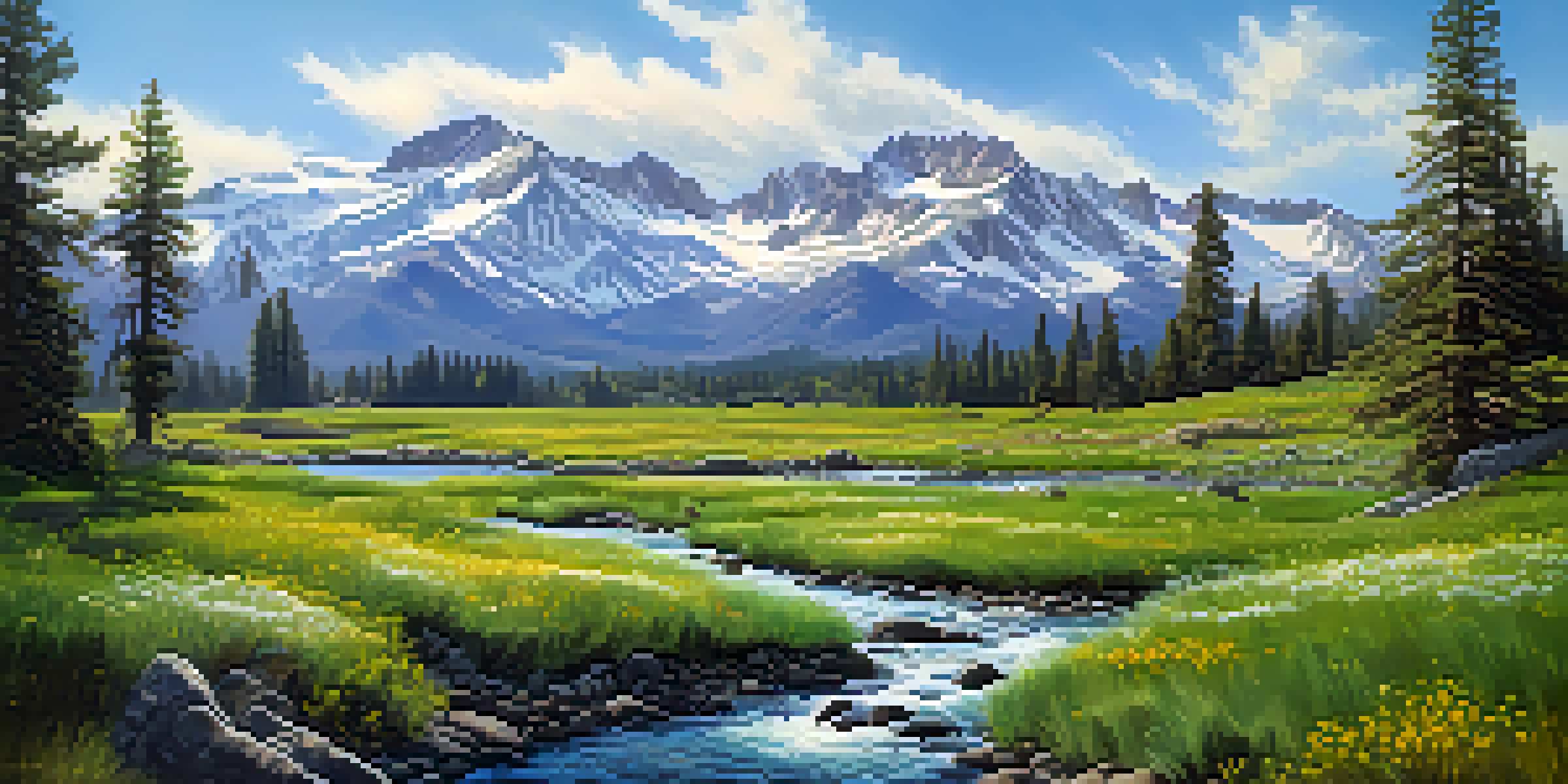 A scenic view of the Sierra Nevada mountains in spring with melting snowpack and blooming wildflowers in the foreground.